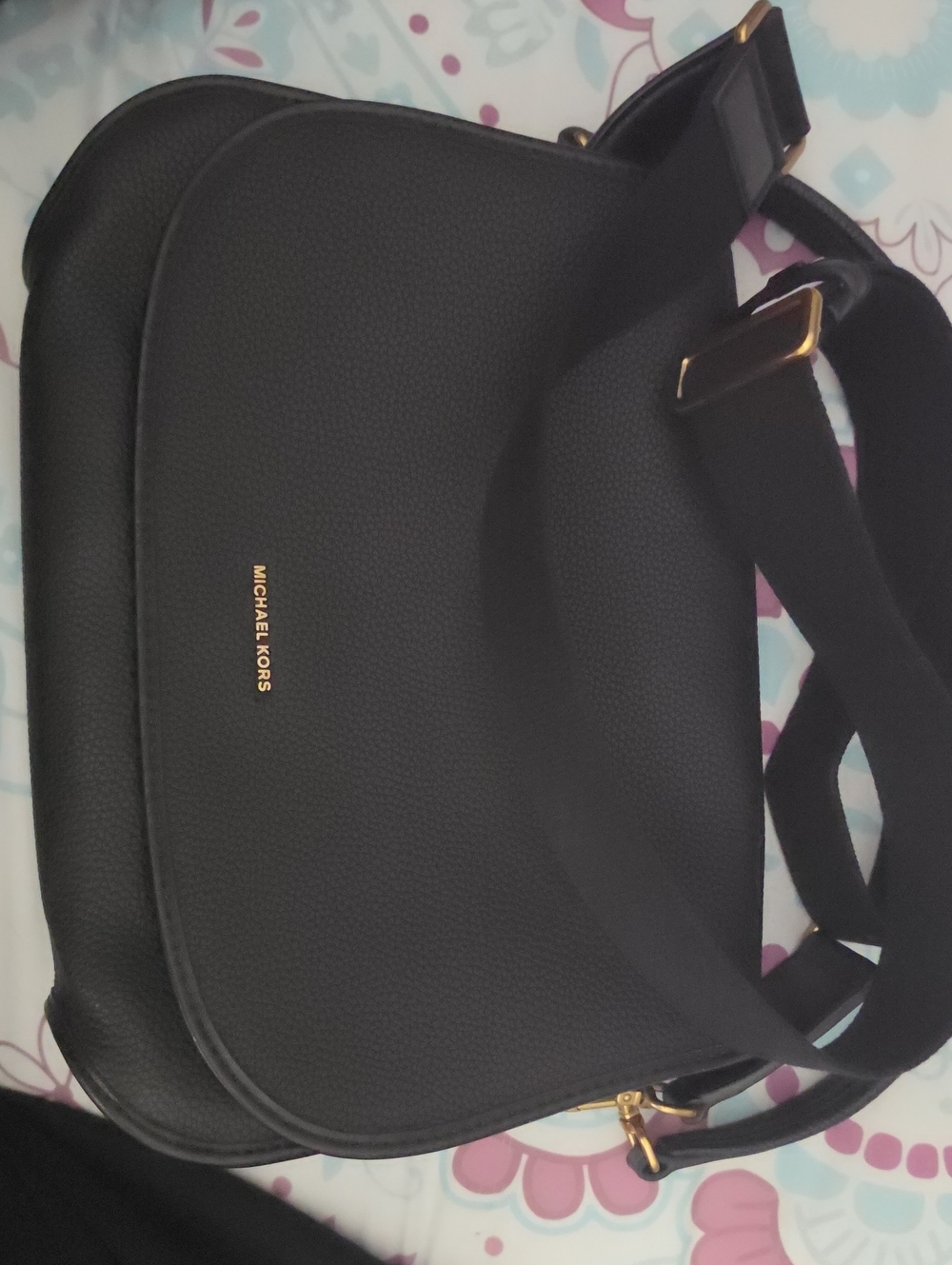 Michael Kors Black Pebbled Crossbody Saddle Bag with Gold Hardware